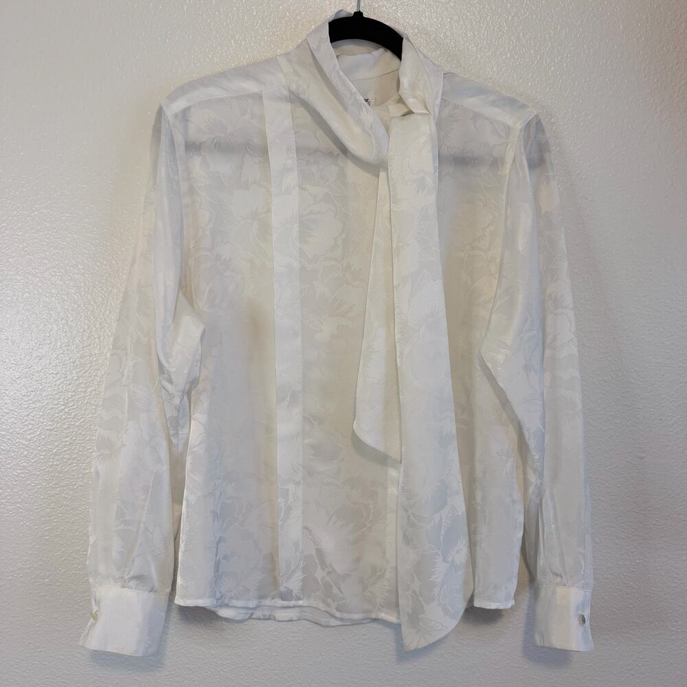Vintage 80s Christian Dior Chemises Ivory White Tonal Jacquard Bow Blouse Size 8